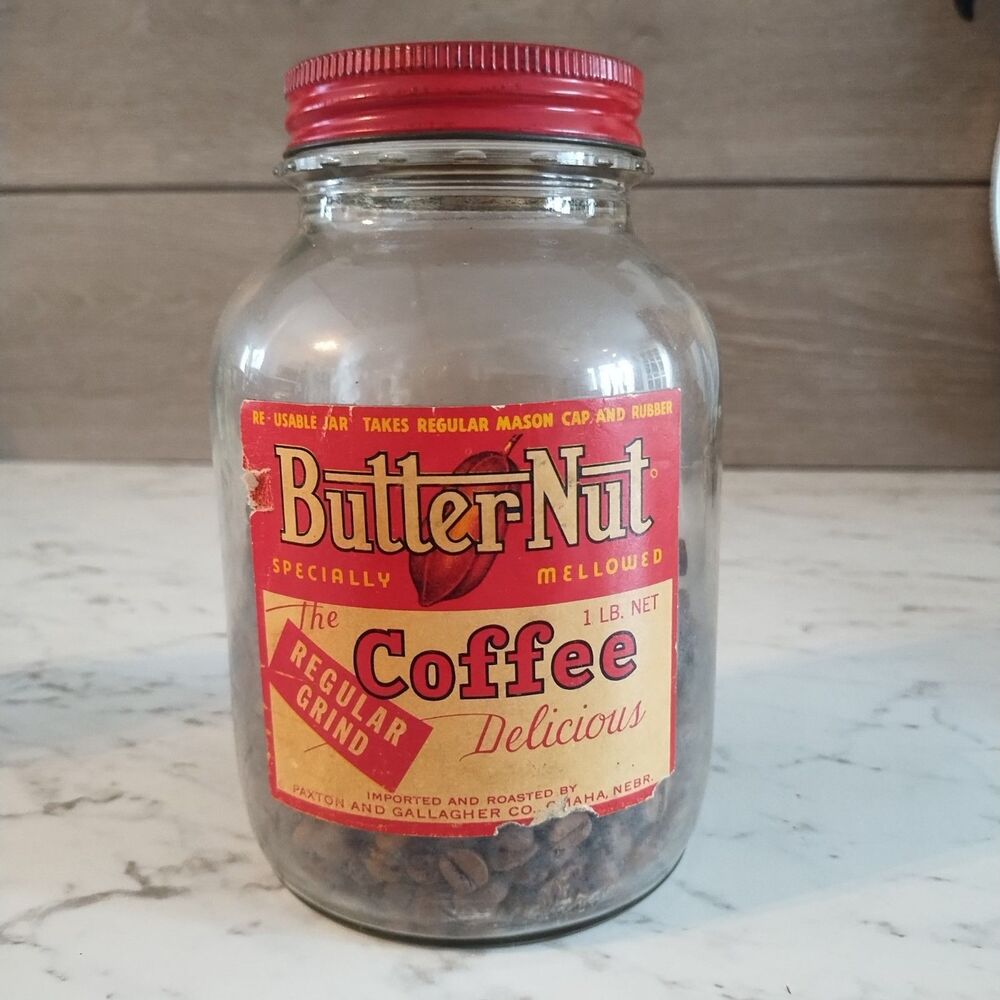 Vintage Butter-Nut 1lb Glass Coffee Jar Paxton & Gallagher Omaha NE Advertising